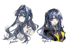  2girls :d aimai_mayday arknights astesia_(arknights) black_coat black_shirt blue_eyes blue_hair character_name closed_mouth coat collared_shirt commentary_request cropped_torso crossover eyewear_on_head fishnet_top fishnets glasses hair_intakes haitsuki half_updo highres hood hood_down hooded_coat link!_like!_love_live! long_hair look-alike looking_at_viewer love_live! multiple_girls murano_sayaka official_alternate_costume open_clothes open_coat open_mouth round_eyewear shirt smile virtual_youtuber white_shirt 