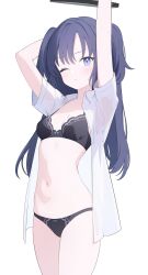 1girl absurdres arms_up black_bra black_panties blue_archive blush bra breasts commentary_request halo highres jyt looking_at_viewer mechanical_halo navel open_clothes open_shirt panties purple_eyes purple_hair shirt simple_background small_breasts stomach sweatdrop two_side_up underwear white_background white_shirt yuuka_(blue_archive) rating:Sensitive score:56 user:danbooru