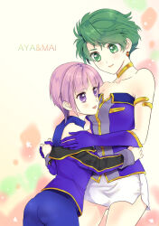  2girls aya_kobayashi bare_shoulders blue_gloves character_name choker collarbone earrings elbow_gloves eri. gloves gold_choker green_hair height_difference holding_hands jewelry light_blush mai_kobayashi miniskirt multiple_girls pink_hair pink_lips purple_eyes short_hair siblings sisters skirt straight_hair super_robot_wars 