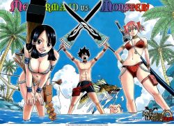  1boy 2girls ailee_jeskar bikini breasts capcom cleavage cloud mashima_hiro monster_hunter_(series) monster_hunter_orage multiple_girls official_art pig plesioth poogie ryuho_shiki sakya sky smile swimsuit sword weapon 