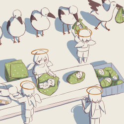  absurdres angel avogado6 baby bird clipboard closed_mouth colored_skin commentary halo highres holding holding_clipboard original pants shirt smile stork swaddled symbolism white_pants white_shirt white_skin white_wings wings  rating:Sensitive score:8 user:danbooru
