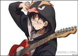  1girl animal_costume animal_hood black_border black_hair blush border closed_mouth cosplay electric_guitar fender_telecaster futsuu_no_keion-bu guitar guitar_strap half-closed_eye hand_up hatono_chihiro hood hood_up instrument kigurumi long_sleeves official_alternate_costume penguin_costume penguin_hood phy_p9m sanpaku shirt solo sweat twitter_username v-shaped_eyebrows watermark white_background white_shirt 