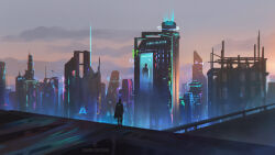  1boy cambocreation city city_lights cityscape cloak cloud cyberpunk from_behind on_roof original painterly scenery science_fiction sky standing sunset tower watermark 