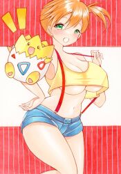 1girl :d asymmetrical_hair blue_shorts blush breasts cleavage crop_top denim denim_shorts gen_2_pokemon green_eyes hair_between_eyes hand_on_own_hip highres large_breasts looking_at_viewer midriff misty_(pokemon) navel nintendo open_mouth orange_hair pokemon ponytail shirt short_hair short_shorts shorts side_ponytail sleeveless smile solo strap_pull suspender_shorts suspenders tank_top thighs togepi underboob yellow_shirt yellow_tank_top