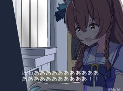  angry_german_kid bow bowtie braid brown_hair derivative_work felleo105 horse_girl horseshoe_ornament long_hair mejiro_bright_(umamusume) computer_mouse puffy_short_sleeves puffy_sleeves purple_bow purple_bowtie purple_serafuku purple_shirt sailor_collar sailor_shirt scene_reference school_uniform screenshot_redraw serafuku shirt short_sleeves tracen_school_uniform twin_braids twitter_username umamusume wavy_hair 