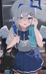  1girl amane_kanata angel bag blue_bow blue_bra blue_hair blue_skirt blush bow bra breasts bus_stop colored_inner_hair feathered_wings grey_hair hair_ornament hairclip halo highres holding holding_bag hololive looking_at_viewer multicolored_hair rain school_uniform see-through_clothes see-through_shirt shirt short_sleeves skirt small_breasts smile solo taking_shelter underwear virtual_youtuber wet wet_clothes white_shirt wings yoru_no_yayoi 