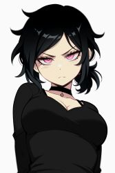  1girl ashley_graves black_choker black_hair black_shirt blush breasts choker gozuu highres large_breasts long_hair long_sleeves looking_at_viewer pink_eyes shirt solo the_coffin_of_andy_and_leyley white_background  rating:General score:1 user:danbooru