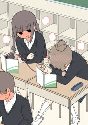 1boy 2girls black_cardigan black_hair blush brown_hair cardigan classroom commentary commentary_request competition competitive_sex desk ear_blush faceless faceless_male female_masturbation flat_color full-face_blush hair_bun heavy_breathing holding implied_masturbation juukyuu masturbation multiple_girls mutual_masturbation original pencil_case public_indecency remote_control_vibrator rock_paper_scissors school_desk school_uniform sex_toy shirt simple_background single_hair_bun sitting stealth_masturbation trembling twintails vibrator visible_air white_shirt wing_collar yuri  rating:Questionable score:344 user:danbooru
