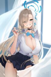  1girl absurdres asuna_(blue_archive) black_choker black_skirt blue_archive blue_bow blue_bowtie blue_eyes blue_halo blue_nails blue_ribbon blurry blurry_background blush bow bowtie breasts brown_hair choker cleavage clothes_lift collared_shirt convenient_censoring cowboy_shot curtains day dress_shirt gluteal_fold grin hair_ribbon halo highres indoors large_breasts long_hair looking_at_viewer loose_bowtie mole mole_on_breast nail_polish no_panties ojisan_kamo_shiremasen partially_unbuttoned pleated_skirt ribbon school_uniform shirt shirt_tucked_in skirt skirt_lift sleeves_rolled_up smile solo standing very_long_fingernails very_long_hair white_shirt wind wind_lift 