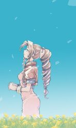  1girl aerith_gainsborough blue_sky brown_eyes closed_eyes closed_mouth cropped_jacket dress drill_hair drill_sidelocks field final_fantasy final_fantasy_vii flower flower_field from_side jacket long_hair looking_up michibata_65 outdoors pink_dress pink_ribbon profile red_jacket ribbon short_sleeves sidelocks sky solo yellow_flower 