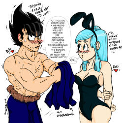  1boy 1girl black_hair blue_eyes blue_hair blush breasts bulma cleavage dragon_ball dragonball_z heart legs leotard looking_at_another playboy_bunny rabbit_ears speech_bubble spoken_heart sweat talking vegeta  rating:Sensitive score:1 user:Mr._Jive