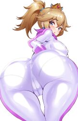  1girl :o ass blonde_hair blue_eyes blush bodysuit breasts cameltoe close-up covered_erect_nipples crown earrings fat_mons female_focus from_below gloves highres huge_ass jewelry large_breasts long_hair looking_at_viewer looking_back looking_down mario_(series) mario_kart nintendo official_alternate_costume pantylines pink_bodysuit pink_scarf ponytail princess_peach scarf scrunchie sidelocks simple_background solo thigh_gap two-tone_bodysuit volyz white_background white_bodysuit 