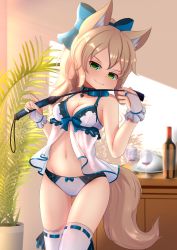  1girl absurdres animal_ear_fluff animal_ears babydoll bottle bow breasts bridal_gauntlets brown_hair cleavage collar cup drinking_glass female_focus fox_ears fox_tail gluteal_fold green_eyes hair_bow highres hotel01 long_hair navel original panties plant potted_plant ribbon riding_crop smile solo tail thigh_gap thighhighs thighs underwear underwear_only white_babydoll white_panties white_thighhighs wine_bottle wine_glass  rating:Questionable score:43 user:danbooru