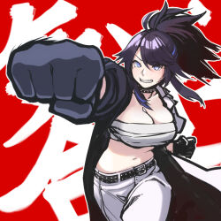  1girl belt black_belt black_gloves black_hair black_jacket blue_eyes chest_sarashi closed_mouth gloves jacket kson long_hair looking_at_viewer makkurokurona mole mole_under_eye multicolored_jacket navel ponytail red_background sarashi solo souchou two-tone_jacket virtual_youtuber vshojo white_jacket 
