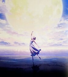  1girl 2b_(nier:automata) arm_up dress full_moon highres looking_up moon nier:automata nier_(series) shirl_geem tiptoes white_dress white_hair 