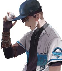1boy baseball baseball_cap baseball_uniform blue_eyes brown_hair freng hat highres original sportswear sweat white_background rating:General score:5 user:buster2222