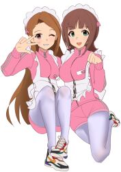  2girls absurdres amami_haruka apron blush breasts brown_eyes brown_hair ch2haya_p full_body green_eyes grin hand_up highres idolmaster idolmaster_(classic) jacket jersey_maid knees_up long_hair long_sleeves looking_at_viewer maid maid_apron maid_headdress minase_iori multiple_girls one_eye_closed open_mouth pantyhose pink_shorts pink_track_suit shoes short_hair shorts simple_background smile sneakers teeth track_suit turtleneck turtleneck_jacket unconventional_maid upper_teeth_only w white_apron white_background white_headdress white_pantyhose 