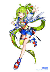 1girl :d absurdly_long_hair absurdres antennae arm_up armpit_peek artist_name belt black_belt blue_skirt blue_sleeve_cuffs bracelet breasts chest_harness chinese_commentary choker chongniang clenched_hand colored_shoe_soles commentary_request copyright_logo copyright_name copyright_notice facial_mark firefly_acg_expo full_body garter_straps green_choker green_hair green_thighhighs hair_ornament hair_rings hairclip hand_up harness heart heart_hair_ornament highres jacket jewelry leaning_forward long_hair long_sidelocks long_sleeves looking_at_viewer mark_under_eye midriff mika_pikazo miniskirt multicolored_hair official_art open_clothes open_jacket open_mouth outstretched_arm outstretched_hand parallel_hairclips pixel_heart red_streaks second-party_source shoes side_ponytail sidelocks simple_background single_bare_leg single_hair_ring single_thighhigh skirt sleeve_cuffs small_breasts smile solo sports_bra spread_fingers standing standing_on_one_leg star_(symbol) star_facial_mark streaked_hair tachi-e thigh_strap thighhighs very_long_hair white_background white_jacket white_shoes white_sports_bra white_streaks yellow_eyes zipper_pull_tab 