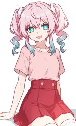  1girl :d aqua_eyes aqua_hair bright_pupils commentary drill_hair english_commentary highres honkai:_star_rail honkai_(series) hyacine_(honkai:_star_rail) looking_at_viewer miniskirt open_mouth pink_hair pink_shirt prickly-chan_(ycactussprout) red_skirt shirt short_sleeves simple_background sitting skirt smile solo thighhighs twin_drills twintails white_background white_pupils white_thighhighs 