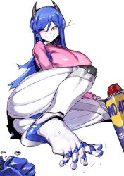  ? blue_hair blush breasts doppel_(bonnypir) feet grin highres horns humanoid_robot large_breasts leg_lift looking_at_viewer pink_shirt robot robot_girl shirt smile spread_toes sweat thighs toes wd-40 wiggling_toes  rating:Questionable score:39 user:Kizuhae