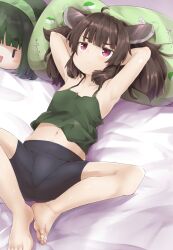  1girl armpits arms_behind_head barefoot bike_shorts black_hair collarbone commentary_request crop_top crotch_seam flat_chest from_above highres knees_apart_feet_together knife_hair_ornament looking_up lying messy_hair midriff navel on_back pillow red_eyes sleeveless solo toes touhoku_kiritan voiceroid yarareimu yukkuri_shiteitte_ne 