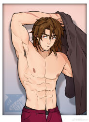  1boy abs absurdres arm_behind_head armpit_hair armpits artist_logo bara beard_stubble black_shirt brown_hair chinese_commentary closed_mouth commentary_request facial_hair gallagher_(honkai:_star_rail) grey_male_underwear highres honkai:_star_rail honkai_(series) jason_(jiasi997521) logo looking_at_viewer male_focus male_underwear multiple_scars muscular muscular_male navel nipples open_fly pants pectorals red_eyes red_pants scar scar_on_arm shirt stubble topless_male underwear undressing watermark weibo_watermark 