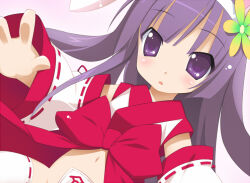  1girl detached_sleeves emil_chronicle_online flower hair_flower hair_ornament japanese_clothes maebari navel nontraditional_miko purple_eyes purple_hair rabbit_hair_ornament red_ribbon ribbon shugoma_mutsuki simple_background thighhighs white_thighhighs yasuki_(yaski) 