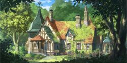  artist_request blue_sky building bush chimney cloud day door fence forest forest_of_magic game_cg gensokyo highres kirisame_magic_shop moss nature no_humans official_art outdoors overgrown scenery sign sky third-party_source tile_roof touhou touhou_lostword tree weather_vane window 