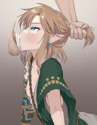 2boys archaic_set_(zelda) arm_tattoo bar_censor blue_eyes blush brown_hair censored collarbone commentary cum cum_in_mouth cum_overflow dark-skinned_male dark_skin earrings eyelashes fellatio grabbing_another&#039;s_hair gradient_background grey_background hair_ornament heart heart-shaped_pupils heart_hair_ornament highres irrumatio jewelry link looking_at_another looking_to_the_side male_focus medium_hair meimone multiple_boys nintendo nipples oral out_of_frame parted_bangs penis pointy_ears rolling_eyes single_bare_shoulder symbol-shaped_pupils tattoo the_legend_of_zelda the_legend_of_zelda:_tears_of_the_kingdom trap yaoi rating:Explicit score:299 user:danbooru