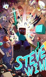  1boy 1girl absurdres arm_up backlighting block_(minecraft) blue_eyes character_name commentary_request crazy_hand dharkon english_text explosion galeem ghast highres holding holding_pickaxe holding_sword holding_weapon ishijimajirou master_hand minecraft minecraft_(style) minecraft_pickaxe minecraft_sword nintendo official_style pickaxe princess_zelda sitting steve_(minecraft) super_smash_bros. sword the_legend_of_zelda weapon 