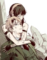  1boy 1girl black_dress black_hair blonde_hair breasts collared_shirt dashimakick dress gloves hair_between_eyes hairband highres husband_and_wife jacket long_hair shirt short_hair sidelocks simple_background spy_x_family twilight_(spy_x_family) upper_body white_shirt yor_briar 
