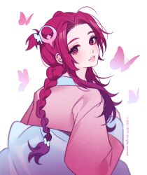  1girl blush_stickers braid bug butterfly character_request english_text eyelashes highres insect japanese_clothes kimono league_of_legends long_hair long_sleeves looking_at_viewer looking_back pink_kimono quake_(series) quake_1 red_eyes red_hair simple_background solo white_background yotti 