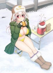 1girl bikini blush breasts large_breasts nitroplus pink_hair smile snow snowman super_sonico swimsuit tagme  rating:Questionable score:9 user:Princess_of_Hoenn
