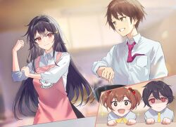  +_+ 2boys 2girls akiyama_iku akiyama_sumi apron black_hair blurry blurry_background brown_eyes brown_hair dress_shirt dutch_angle flexing frying_pan grin hand_rest highres holding holding_frying_pan ichikawa_haru kuremoto_kyouta kuremoto_soyoka long_hair looking_at_another mamatomo_to_sodateru_rabukome multiple_boys multiple_girls necktie novel_illustration o_o official_art open_mouth paneled_background red_eyes second-party_source shirt short_hair smile star_(symbol) v-shaped_eyebrows 