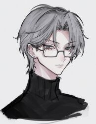  1boy black-framed_eyewear black_sweater closed_mouth commentary_request ear_piercing earrings eyebrow_piercing glasses green_eyes grey_eyes grey_hair highres jewelry looking_at_viewer male_focus original oysi_mysi piercing portrait semi-rimless_eyewear short_hair simple_background siwoo_(oysi_mysi) slit_pupils solo stud_earrings sweater turtleneck turtleneck_sweater white_background 