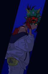  1boy black_hair cakepop_iii commentary_request from_side gloves highres jacket kieran_(pokemon) looking_at_viewer male_focus mask mask_on_head multicolored_hair nintendo off_shoulder open_clothes open_jacket parted_lips pokemon pokemon_sv profile purple_hair red_gloves red_tank_top shorts simple_background solo tank_top white_jacket white_shorts yellow_bag yellow_eyes 