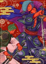  2boys blue_hair cape chonmage commentary_request denjirou_(one_piece) green_hair highres holding holding_sword holding_weapon larugo0513 male_focus multiple_boys one_piece pompadour red_sash roronoa_zoro sash sideburns smoke sword topknot v-shaped_eyebrows weapon wide_sleeves 