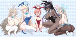  5girls :o absurdres ahoge akane_(blue_archive) akane_(bunny)_(blue_archive) animal_ear_hairband animal_ears argyle_background ass asuna_(blue_archive) asuna_(bunny)_(blue_archive) backless_leotard bare_arms bare_back bare_legs bare_shoulders black_hair black_leotard blonde_hair blue_archive blue_bow blue_bowtie blue_eyes blue_halo blue_leotard blue_ribbon blush bow bowtie braid breasts brown_hair cleaning_&amp;_clearing_(blue_archive) collarbone commentary dark-skinned_female dark_skin detached_collar earrings fake_animal_ears fake_tail fishnet_pantyhose fishnets full_body glasses gloves hair_between_eyes hair_ornament hair_over_one_eye hair_ribbon hairband hairclip halo hand_on_own_chest high_heels highleg highleg_leotard highres huge_ahoge jewelry karin_(blue_archive) karin_(bunny)_(blue_archive) kneeling kuro_hopper large_breasts leotard long_hair looking_at_viewer looking_back mole mole_under_eye multiple_girls neru_(blue_archive) neru_(bunny)_(blue_archive) official_alternate_costume open_mouth orange_hair oversized_breast_cup pantyhose playboy_bunny rabbit_ear_hairband rabbit_ears rabbit_tail red_bow red_bowtie red_leotard red_shoes ribbon shoes short_hair single_braid small_breasts smile spread_legs squatting strapless strapless_leotard stud_earrings tail thighband_pantyhose toki_(blue_archive) toki_(bunny)_(blue_archive) two-tone_background very_long_hair white_gloves white_hairband white_pantyhose white_shoes yellow_eyes 