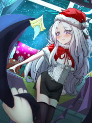  1girl ahoge black_halo black_skirt blue_archive box breasts christmas demon_girl demon_horns demon_wings gift gift_box halo hat highres hina_(blue_archive) horns indoors long_hair looking_at_viewer night night_sky purple_eyes santa_hat shirt skirt sky small_breasts tacos24185336 white_hair white_shirt wings 