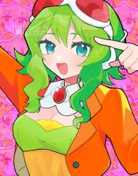  1girl :3 arms_up blue_eyes breasts brooch character_background cropped_jacket detached_collar goggles goggles_on_head green_hair green_tube_top gumi gumi_(ai_megpoid) headphones highres jacket jewelry looking_at_viewer medium_breasts open_clothes open_jacket open_mouth orange_jacket pointing pointing_at_self red-tinted_eyewear red_goggles short_hair sidelocks smile solo strapless takamiya_yuu tinted_eyewear tube_top upper_body vocaloid watermark wing_collar 