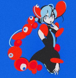  1girl :o black_dress blue_background blue_eyes blue_hair blue_nails blue_necktie covering_own_mouth detached_sleeves dress expo2025 eyeball film_grain hair_between_eyes hand_over_own_mouth hatsune_miku looking_to_the_side mitsubachi_(roundbee) myaku-myaku necktie open_mouth red_hair red_pupils sidelocks twintails vocaloid 