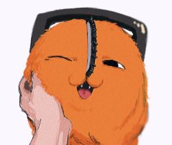 1other chainsaw chainsaw_man disembodied_hand fangs hands_on_another&#039;s_cheeks hands_on_another&#039;s_face head_grab highres looking_to_the_side one_eye_closed open_mouth pochita_(chainsaw_man) pov raberu_ruru simple_background solo white_background rating:General score:12 user:danbooru