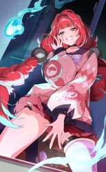  1girl absurdres animal_on_back black_choker black_sailor_collar black_skirt blush bow bowtie braid braided_twintails cardigan chest_bow choker covering_crotch covering_privates from_below green_eyes grin highres long_hair long_sleeves looking_at_viewer mikami_michael pink_cardigan raccoon red_hair sailor_collar single_thighhigh skirt smile solo sphere_hair_ornament standing striped_clothes striped_thighhighs teeth thigh_strap thighhighs twintails ukinami_yuzuha white_bow white_bowtie zenless_zone_zero 