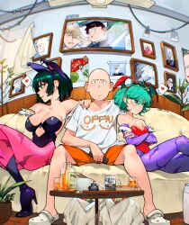  1boy 2girls absurdres animal_print bald bat_print boots breasts cesar_art456 clothing_cutout commentary_request cosplay creator_connection crossover darkstalkers ekubo_(mob_psycho_100) fubuki_(one-punch_man) genos girl_sandwich harem head_wings heart heart_cutout high_heel_boots high_heels highres kageyama_shigeo lilith_(darkstalkers) lilith_(darkstalkers)_(cosplay) looking_at_viewer mob_psycho_100 morrigan_aensland morrigan_aensland_(cosplay) multiple_girls one-punch_man pantyhose photo_(object) picture_frame print_pantyhose purple_pantyhose reigen_arataka saitama_(one-punch_man) sandwiched shorts spanish_commentary spoken_heart tatsumaki wings 