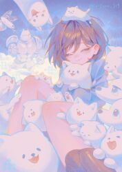  1girl 1other 2boys :3 ^_^ absurdres animal animal_hug ankle_boots armor armored_gloves black_eyes blue_shirt blue_sky boots brown_boots brown_hair closed_eyes closed_mouth commentary dog dogamy dogaressa doggo_(undertale) english_commentary feet_out_of_frame film_grain frisk_(undertale) full_armor furry furry_female furry_male greater_dog grey_armor hair_behind_ear hair_between_eyes highres kiriyume knees_up lace-up_boots leaf lesser_dog long_sleeves looking_at_another looking_at_viewer mouth_hold multiple_boys other_focus outdoors outline shirt short_hair shoulder_armor sitting sky smile snow solo_focus stick tongue tongue_out tree twitter_username undertale white_dog yellow_outline 