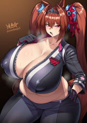  1girl alternate_costume animal_ears artist_name belly black_background black_gloves black_jacket black_pants breasts brown_background brown_hair cherry_blossom_print cleavage collar_tug collarbone commentary cosplay covered_erect_nipples cowboy_shot crop_top cropped_jacket daiwa_scarlet_(umamusume) english_commentary fang fatal_fury fatal_fury:_city_of_the_wolves floral_print gloves gradient_background hair_between_eyes hair_intakes hair_ornament hair_ribbon hand_on_own_hip highres horse_ears horse_girl horse_tail huge_breasts jacket long_hair long_sleeves looking_at_viewer muffin_top navel no_bra no_shirt open_collar open_mouth pants partially_unzipped plump red_eyes red_ribbon ribbon ryuusei_(mark_ii) shiranui_mai shiranui_mai_(cosplay) skin_fang solo standing steaming_body stomach sweat tail thighs tiara twintails twitter_username umamusume very_long_hair wide_hips 