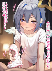  1boy 1girl afterimage amane_kanata blue_hair blush collarbone commentary_request feathered_wings flat_chest grey_hair halo handjob hetero highres hololive looking_at_viewer multicolored_hair non_non_moral open_mouth paid_reward_available panties panties_on_penis penis pink_hair pov pov_crotch purple_eyes shirt short_hair single_hair_intake solo_focus sound_effects star_halo streaked_hair t-shirt translation_request underwear variant_set virtual_youtuber white_panties white_shirt white_wings wings 