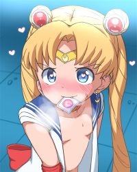  1girl aged_down bishoujo_senshi_sailor_moon bishoujo_senshi_sailor_moon_s blonde_hair blush breasts bubukka choker closed_mouth collarbone condom condom_in_mouth crescent crescent_earrings diadem double_bun earrings female_focus hair_bun heart heart-shaped_pupils heart_choker heavy_breathing jewelry loli long_hair mouth_hold open_clothes sailor_collar sailor_moon sailor_moon_redraw_challenge sailor_senshi sailor_senshi_uniform small_breasts smile solo sweatdrop symbol-shaped_pupils tsukino_usagi twintails upper_body 