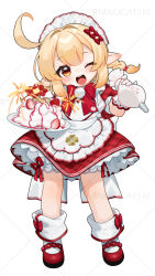  1girl ;o ahoge alternate_costume apron blonde_hair blush bow bowtie commentary dress enmaided food frilled_apron frilled_hairband frills full_body genshin_impact gloves gotoh_(nekocat) gradient_hair hair_between_eyes hair_bow hair_ornament hairband hand_up highres holding holding_pastry_bag holding_tray klee_(genshin_impact) long_hair maid maid_headdress multicolored_hair one_eye_closed open_mouth pastry_bag pointy_ears red_bow red_bowtie red_dress red_shoes shoes solo standing symbol-only_commentary teeth tongue tongue_out tray upper_teeth_only waist_apron watermark whipped_cream white_apron white_gloves white_hairband 