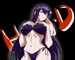  1girl bare_shoulders blue_eyes blush bra breasts busujima_saeko combibrother@ female_focus from_below highschool_of_the_dead konbi_ani large_breasts lingerie long_hair navel panties purple_bra purple_hair purple_panties side-tie_panties simple_background solo underwear underwear_only  rating:Sensitive score:88 user:danbooru